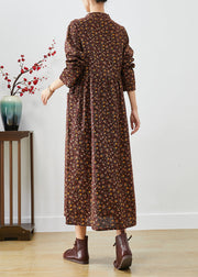 Women Chocolate Cinched Print Pockets Cotton Dresses Fall