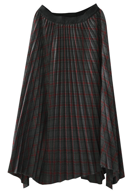 Women Chocolate Elastic Waist Asymmetrical Design Plaid Cotton Skirt Fall