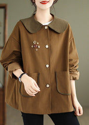 Women Chocolate Peter Pan Collar Patchwork Cotton Coat Spring