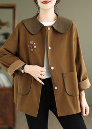 Women Chocolate Peter Pan Collar Patchwork Cotton Coat Spring