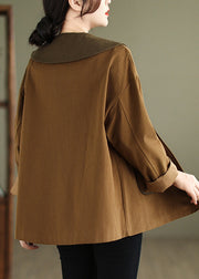 Women Chocolate Peter Pan Collar Patchwork Cotton Coat Spring