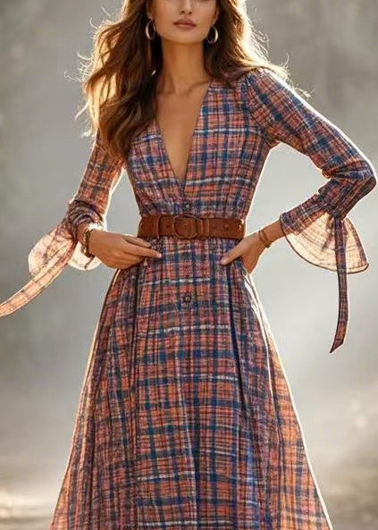 Women Cinched Plaid Cotton A Line Dress Spring