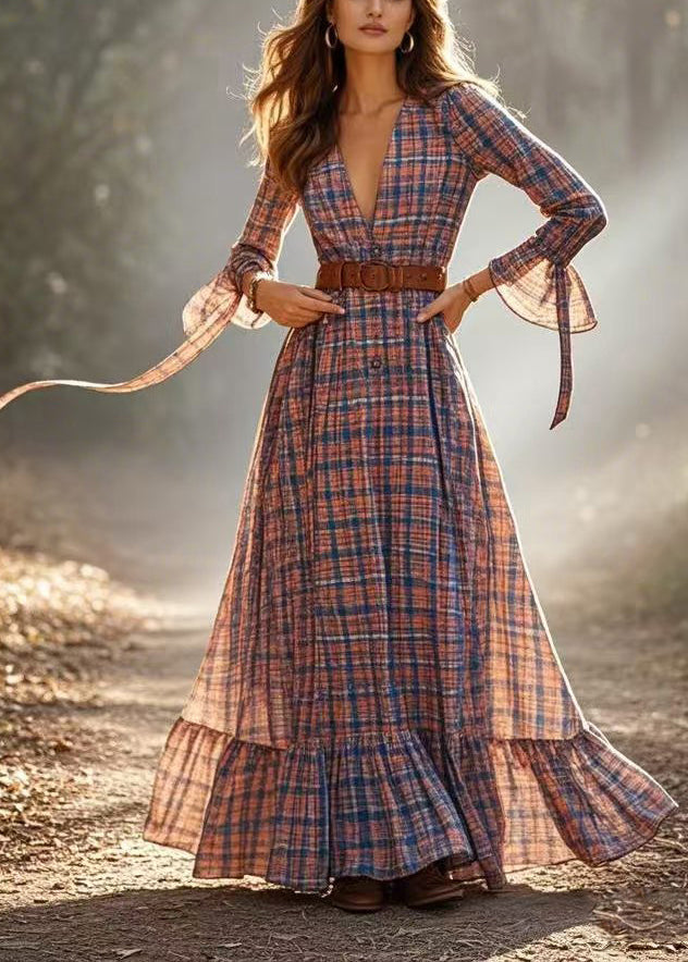 Women Cinched Plaid Cotton A Line Dress Spring