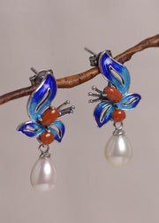 Women Cloisonne Butterfly Pearl Metal Stud Earrings