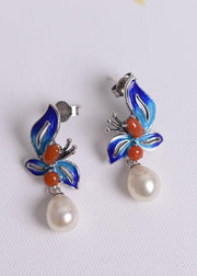 Women Cloisonne Butterfly Pearl Metal Stud Earrings