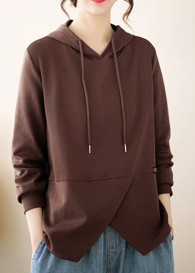 Women Coffee Asymmetrical Ruffled Patchwork Cotton Hooded Top Fall