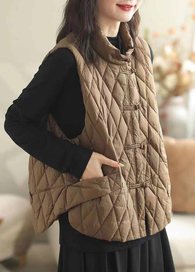 Women Coffee Button Pockets Patchwork Cotton Filled Waistcoat Sleeveless