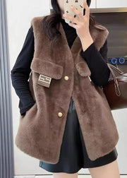 Women Coffee Button Solid Mink Velvet Waistcoat Sleeveless