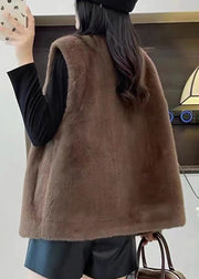 Women Coffee Button Solid Mink Velvet Waistcoat Sleeveless