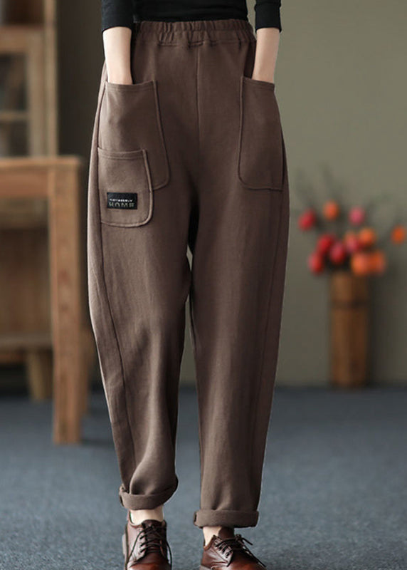 Women Chocolate Colour Pockets Elastic Waist Cotton Pants Fall