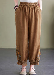 Women Coffee Embroideried Elastic Waist Linen Crop Pants Summer