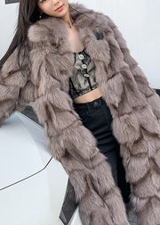 Women Coffee Fox collar Pockets Leather And Fur Long Coats Spring