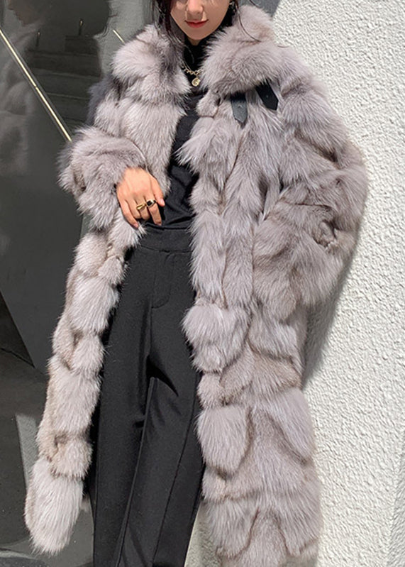 Women Coffee Fox collar Pockets Leather And Fur Long Coats Winter