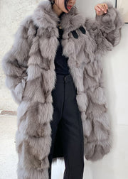 Women Coffee Fox collar Pockets Leather And Fur Long Coats Spring