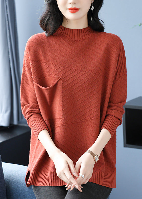 Women Coffee Half Hign Neck Pockets Patchwork Woolen Knit Top Spring