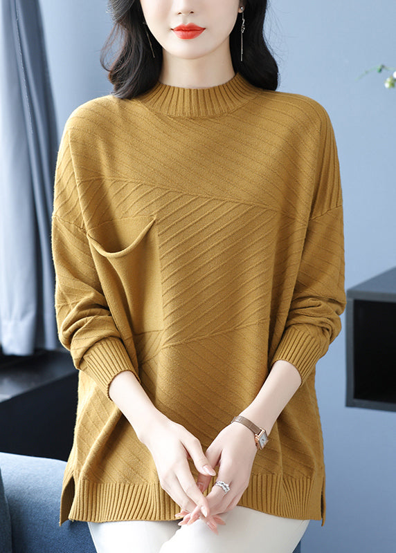 Women Coffee Half Hign Neck Pockets Patchwork Woolen Knit Top Spring