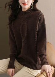 Women Coffee Half Hign Neck Thick Patchwork Knitted Sweaters Fall