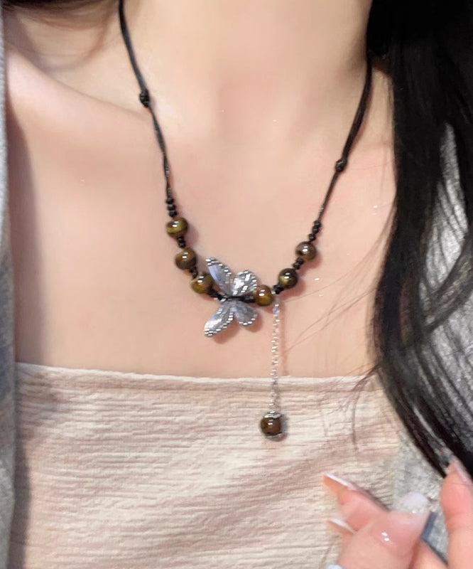 Women Coffee Hand Knitting Butterfly Tassel Pendant Necklace