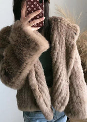 Women Chocolate Hooded Solid Color Rabbit Hair Knit Jacket Winter