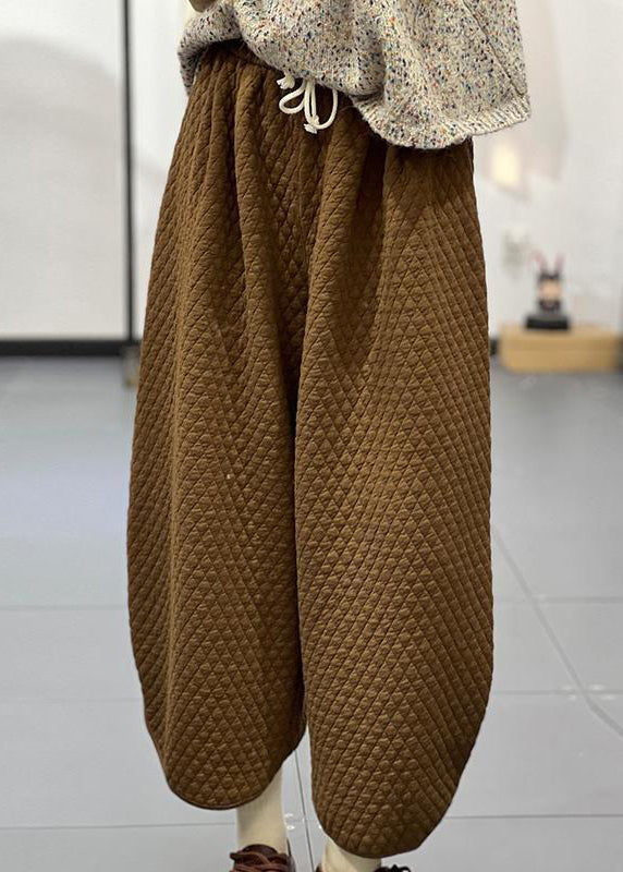 Women Coffee Ling Ge High Waist Cotton Filled Crop Pants Winter