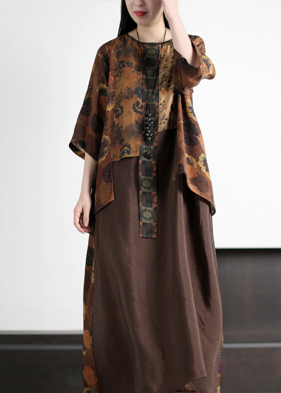 Women Coffee O-Neck Asymmetrical Print Silk Long Dress Summer