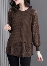 Women Coffee O-Neck Knit Patchwork Fake Two Pieces Top Fall