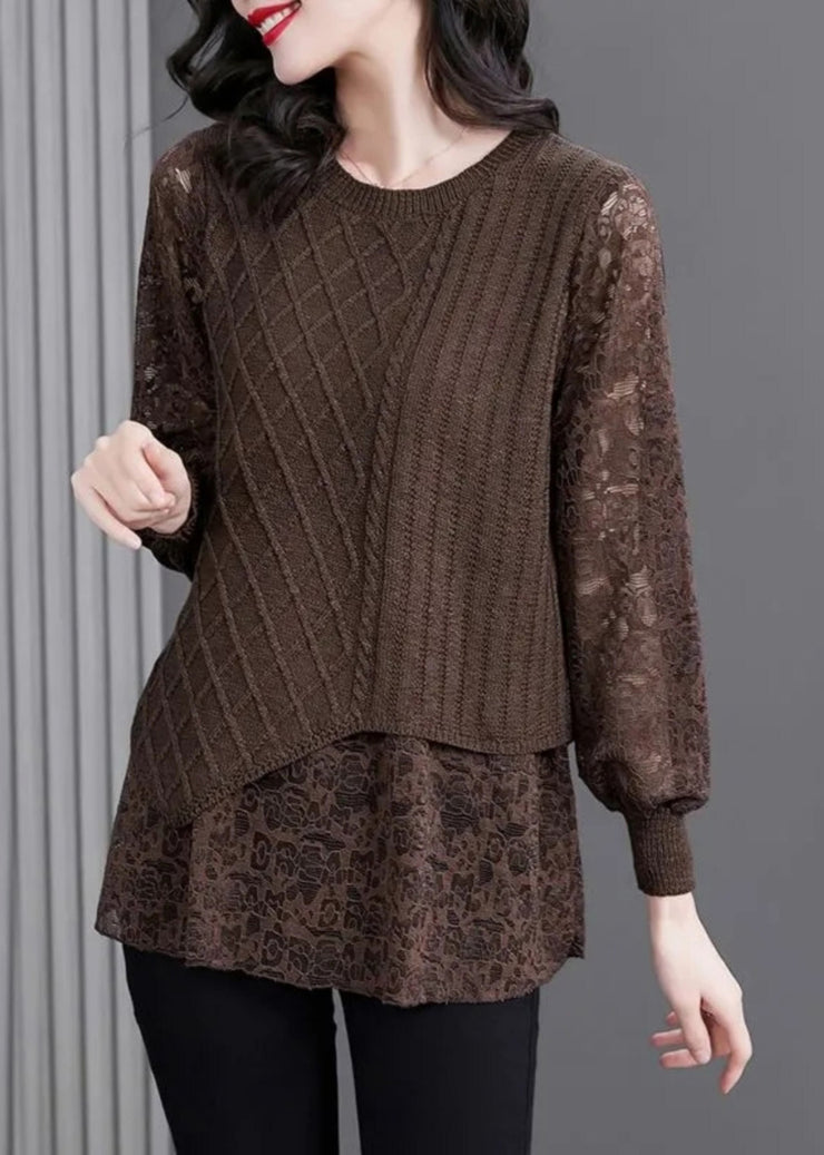 Women Coffee O-Neck Knit Patchwork Fake Two Pieces Top Spring