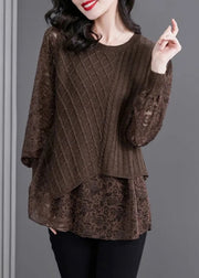 Women Coffee O-Neck Knit Patchwork Fake Two Pieces Top Spring