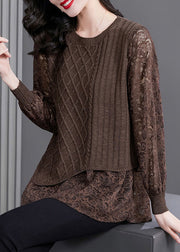 Women Coffee O-Neck Knit Patchwork Fake Two Pieces Top Spring