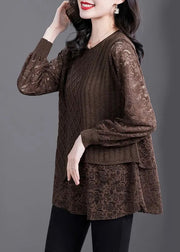 Women Coffee O-Neck Knit Patchwork Fake Two Pieces Top Fall