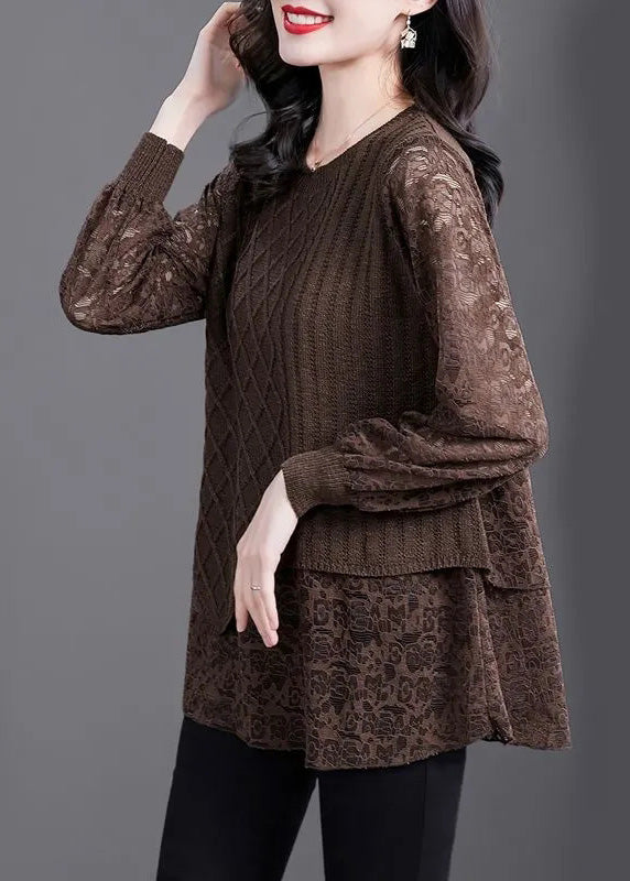 Women Coffee O-Neck Knit Patchwork Fake Two Pieces Top Spring