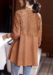 Women Coffee O Neck Lace Patchwork Top Long Sleeve