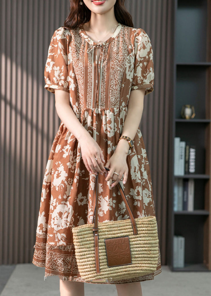 Women Coffee O-Neck Print Patchwork Silk Long Dress Summer