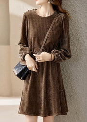 Women Coffee O Neck Sashes Patchwork Silk Velour Mid Dress Spring