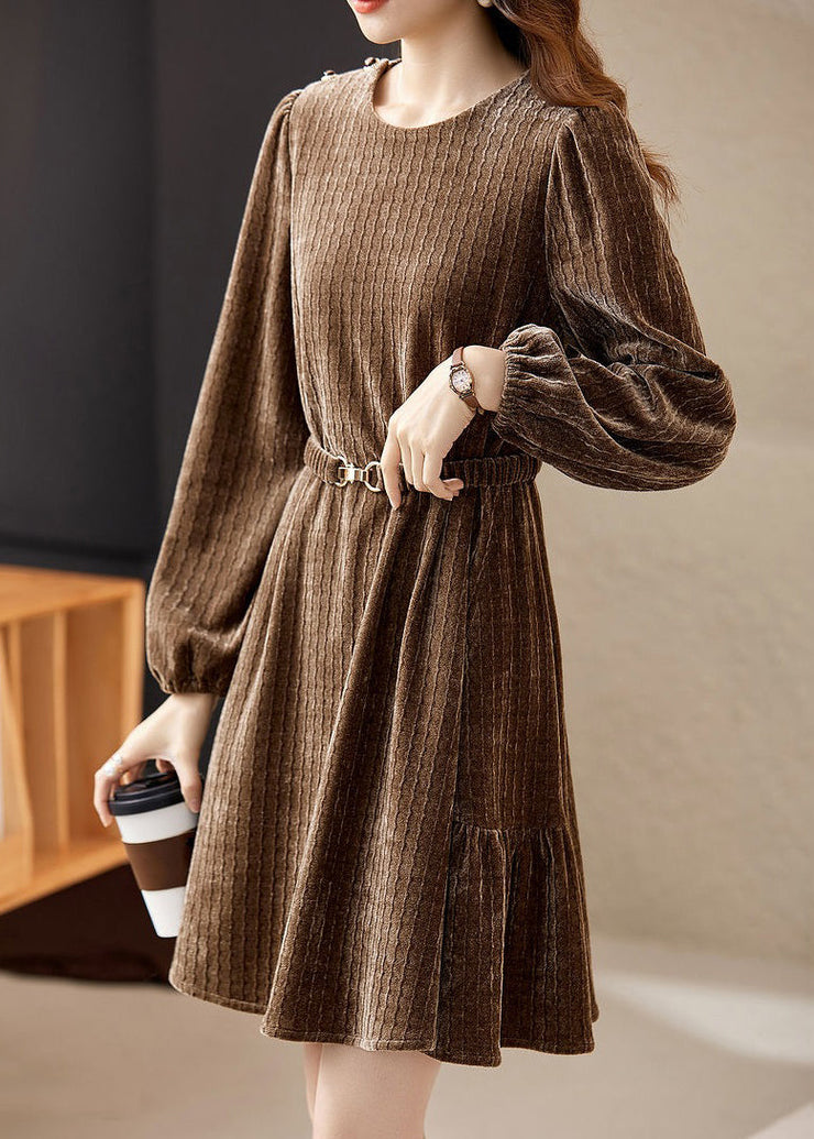 Women Coffee O Neck Sashes Patchwork Silk Velour Mid Dress Spring