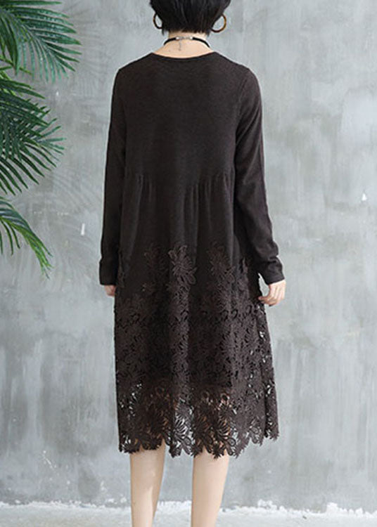 Women Coffee O Neck Wrinkled Lace Patchwork Knit Dress Fall