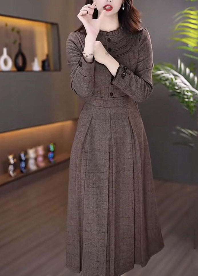 Women Coffee Patchwork Button Maxi Dress Spring