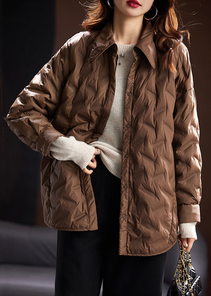 Women Coffee Peter Pan Collar Button Duck Down Coats Winter