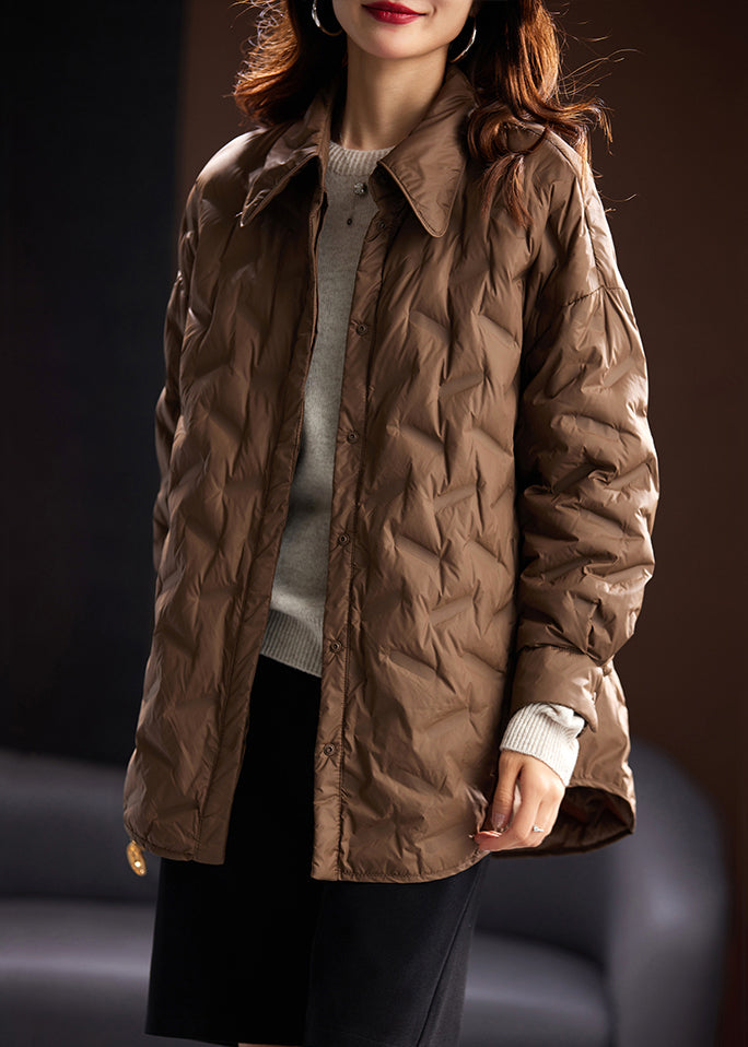 Women Coffee Peter Pan Collar Button Duck Down Coats Winter