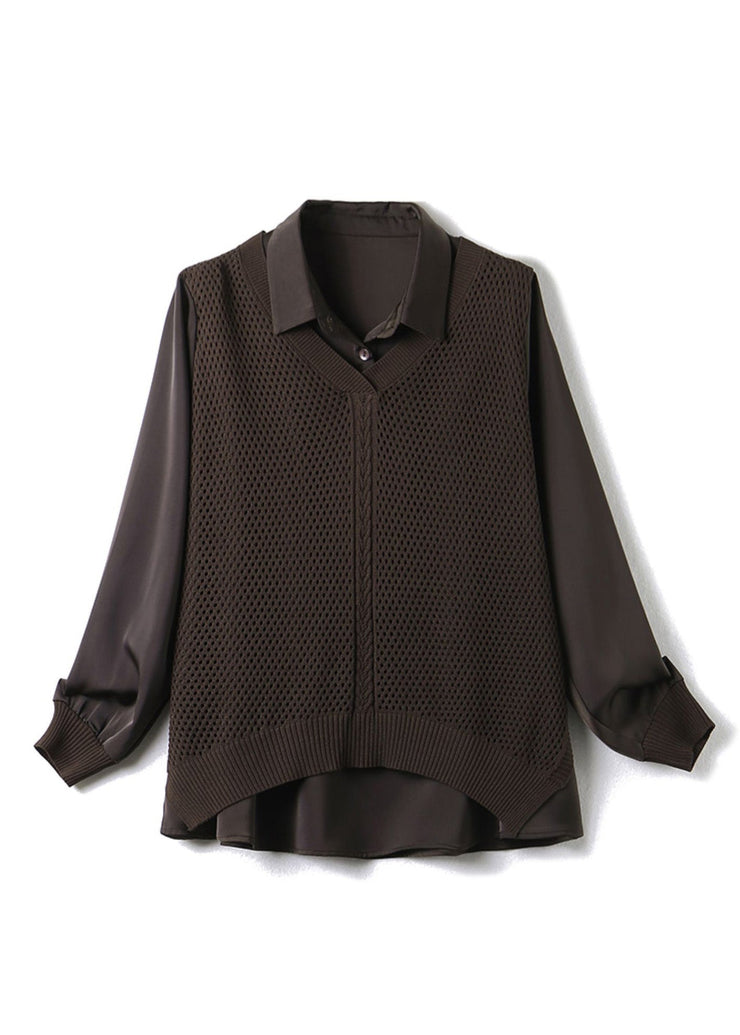 Women Coffee Peter Pan Collar Knit Patchwork Satin Shirts Long Sleeve