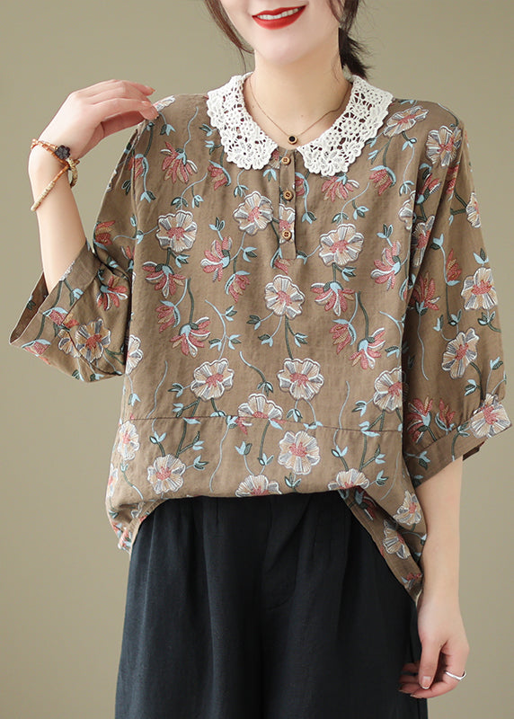 Women Coffee Peter Pan Collar Print Cotton Shirt Summer