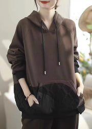 Women Coffee Pockets Patchwork Warm Fleece Pullover Streetwear Spring