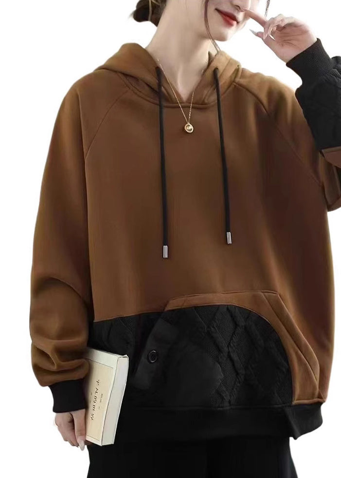 Women Coffee Pockets Patchwork Warm Fleece Pullover Streetwear Spring