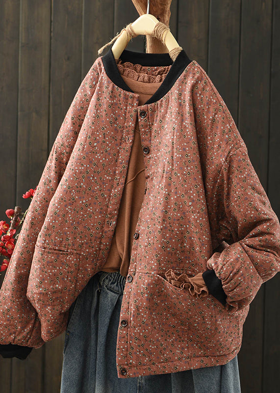 Women Coffee Pockets Print Fine Cotton Filled Coat Spring