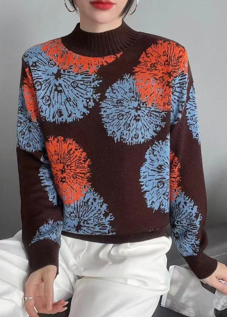 Women Coffee Print Patchwork Cozy Knit Top Long Sleeve