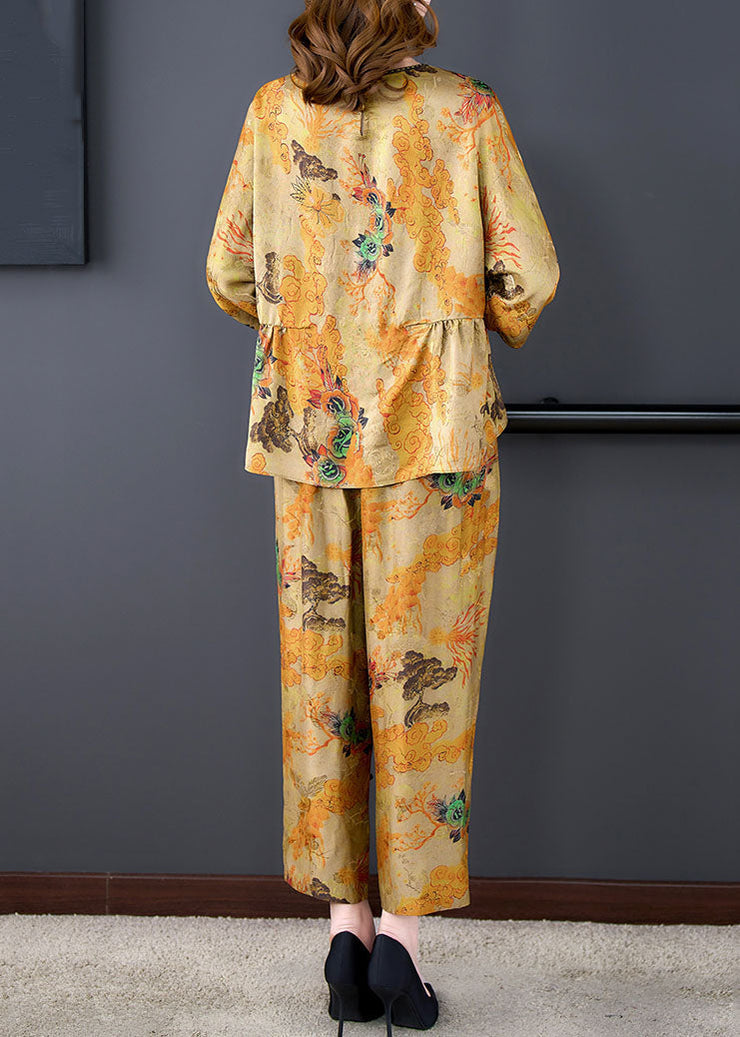 Women Coffee Print Wrinkled Tops And Pants Silk Two-Piece Set Summer