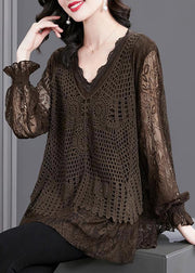 Women Coffee Ruffled Hollow Out Patchwork Knit Shirt Tops Fall