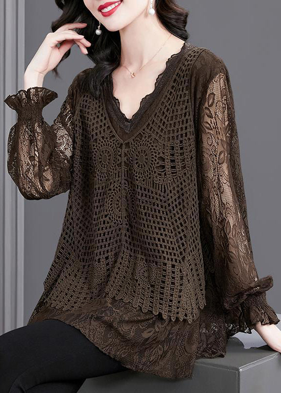 Women Coffee Ruffled Hollow Out Patchwork Knit Shirt Tops Fall