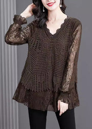 Women Coffee Ruffled Hollow Out Patchwork Knit Shirt Tops Fall