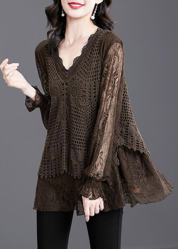 Women Coffee Ruffled Hollow Out Patchwork Knit Shirt Tops Fall